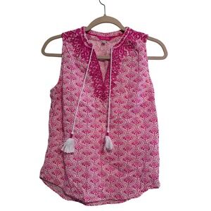 Joules Pink White Block Print Embroidered Sleeveless Tassel Top US 2